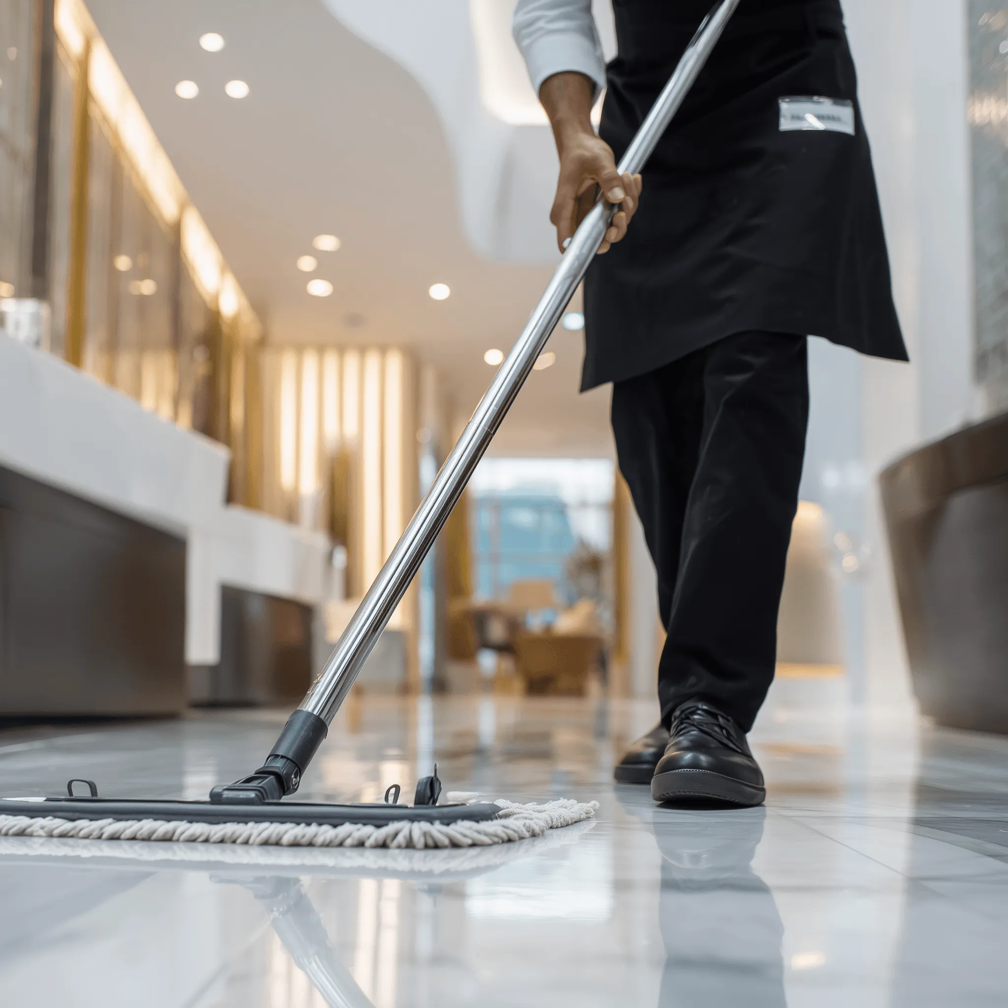 Cleaner mopping a bright entryway